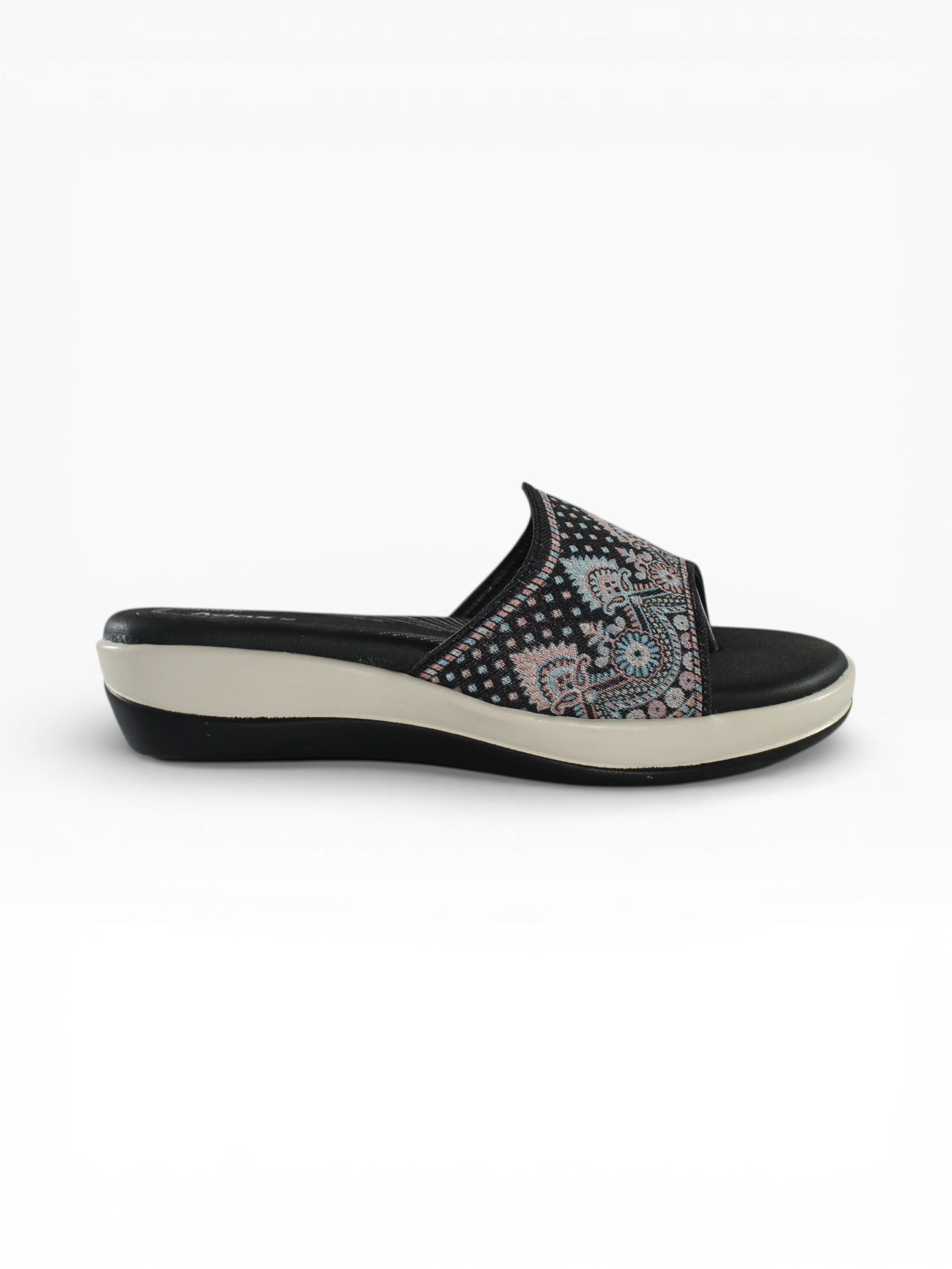 "Midnight Paisley" Fabric Slide Sandal – Black