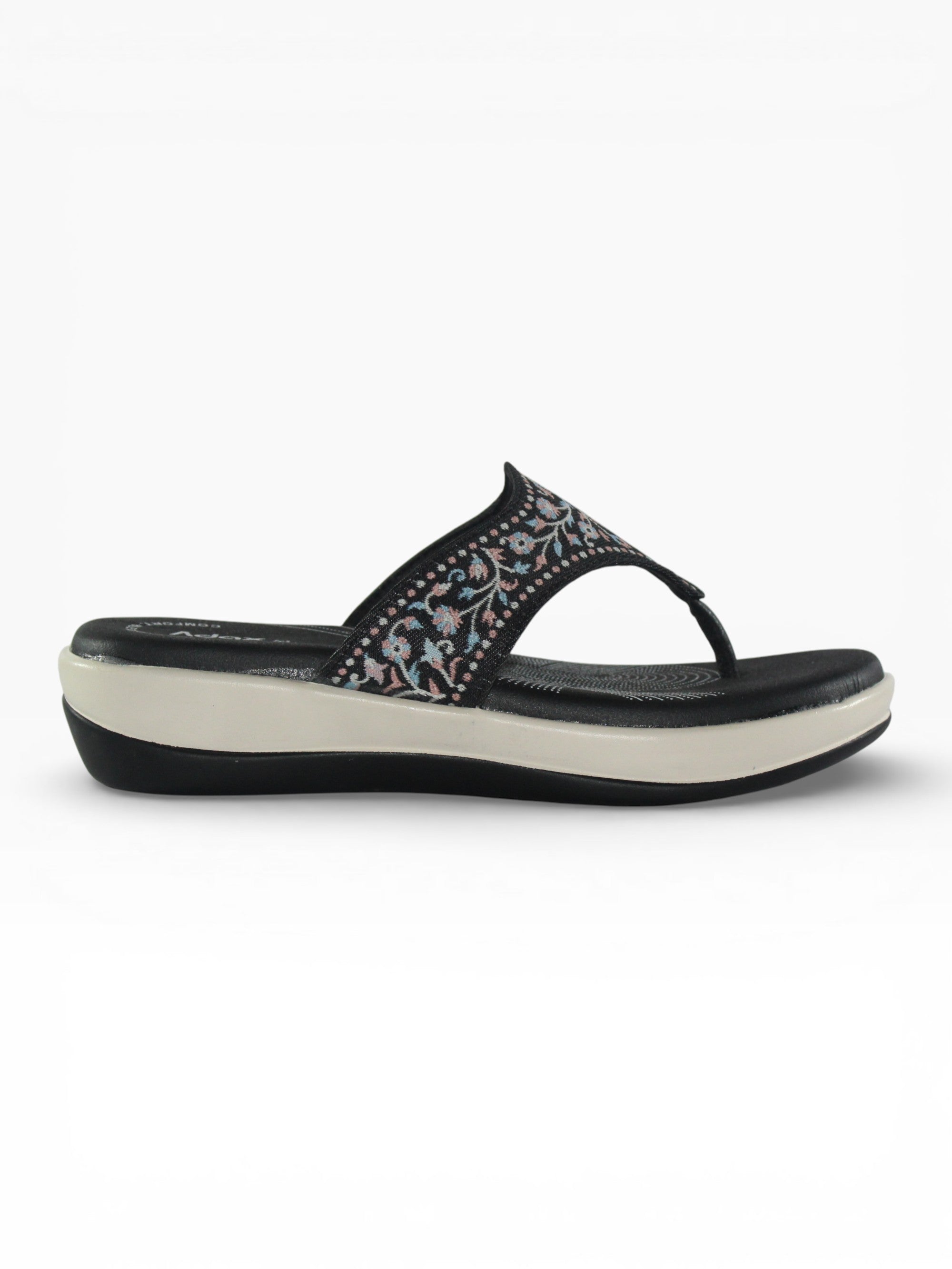 "Botanica" Embroidered Comfort Thong Sandal – Black